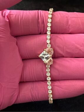 2.7mm Yellow Gold Pink Heart CZ Tennis Bracelet 8 in.